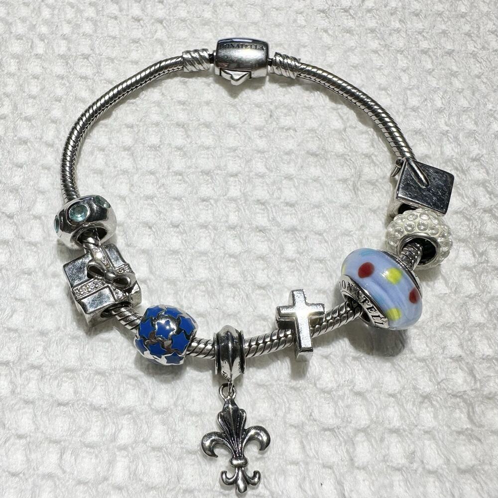 Donatella 925 Silver Charm Bracelet 7 Charms CROSS PRESENT GRADUATION Glass